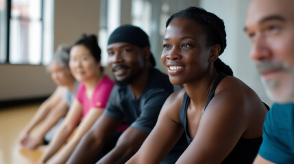 Group of diverse athletes take a break together in a gym, smiling and relaxed after a workout.