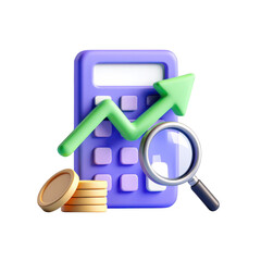 Financial Growth Analysis 3D Render of Calculator, Coins, and Upward Trend