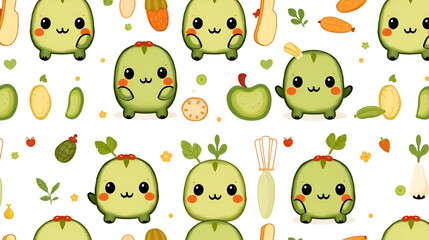 Fototapeta premium Seamless repeat pattern featuring hand-painted cute food mascot in chibi style, with cute food ingredients, moss green and cream, isolated on white background, forest whimsy vibe, vibrant design