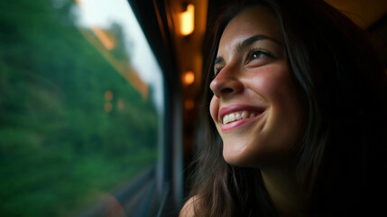 Smiling young woman looking out of a train window, enjoying the journey and scenic view.  
