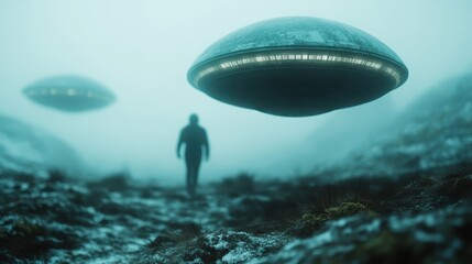A surreal scene depicts unidentified flying objects silently hovering over a fog-covered terrain, evoking intrigue and sparking the imagination about extraterrestrial life.