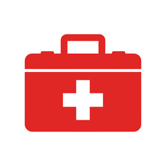Obraz premium Red medical first aid kit icon with white cross, vector illustration 