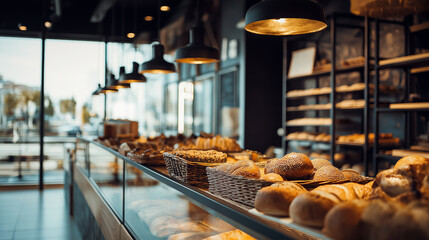 Cozy modern bakery with assorted fresh bread and pastries displayed on the counter.