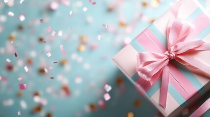 An elegantly wrapped gift box adorned with a pink ribbon sits against a soft blue backdrop, surrounded by floating confetti, perfect for celebrations and joyful moments.