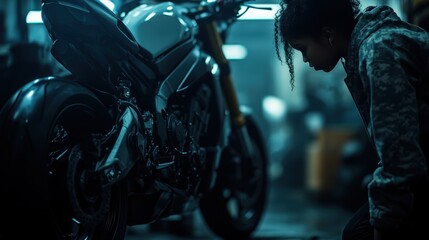 A curious young mechanic examines a sleek motorcycle in a dimly-lit garage, showcasing both artistry in machinery and the dedication required to sculpt personal passion into a profession.