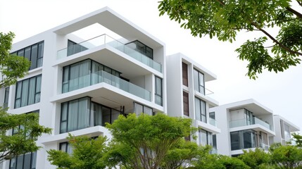 Modern white apartment building with glass balconies and green surroundings