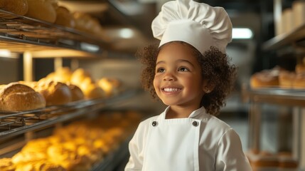 A joyful young girl in a chef's attire beams with excitement as she stands in a bustling bakery, surrounded by fresh bread and pastries that symbolize her passion for baking.