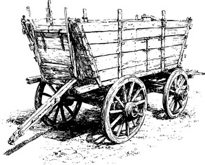Detailed copperplate print-style of a old wooden cart, wooden wheels, hatching line drawing vector illustration