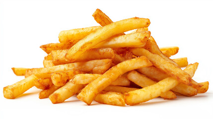 Golden crispy French fries piled up on a white background.
