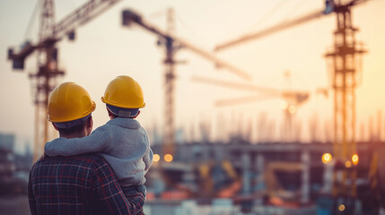 Father and child in hard hats looking at construction site during sunset.
