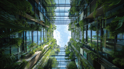 Upward view of modern green building architecture with plants and sky above.