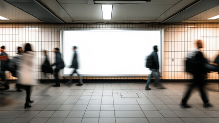 Busy commuters walking past blank advertising billboard in subway station.

