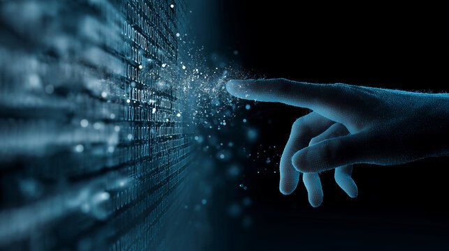 Digital hand interacting with glowing data particles in futuristic virtual interface.
