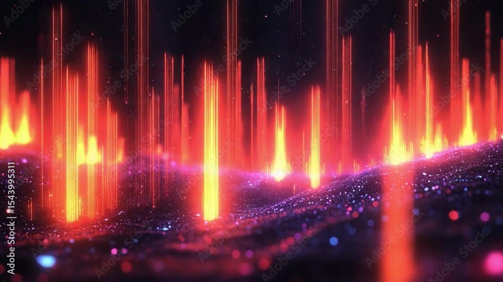 Aufkleber Digital Symphony: An abstract visual representing data streams with fiery streaks of light rising above a shimmering landscape of data particles, embodying the dynamic essence of digital information.
