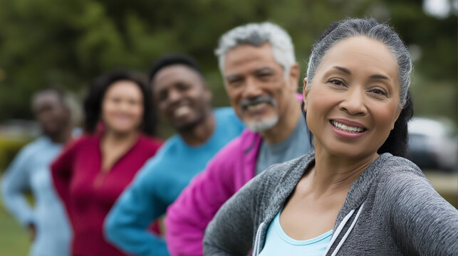 Smiling group of diverse middle-aged adults stretching together outdoors.
