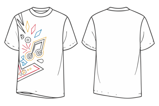 White t shirt design music notes abstract print isolated on transparent background