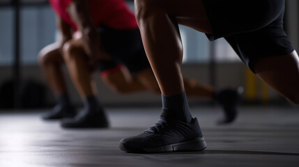 Athletes doing lunges indoors during intense fitness training session.
