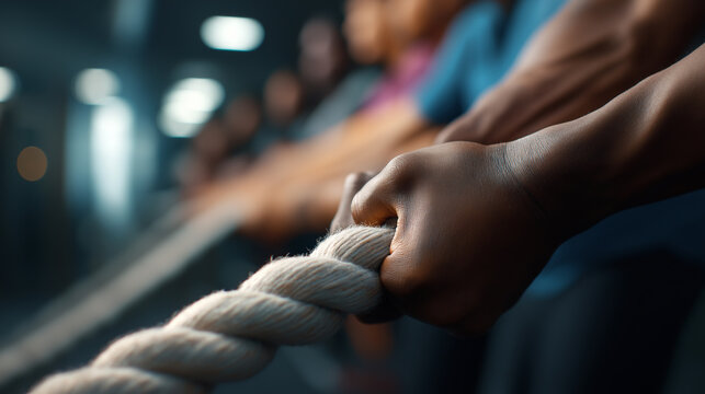 Close-up of hands gripping battle rope during intense gym workout.
 - Powered by Adobe