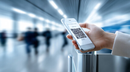 Hand holding smartphone with QR code at subway turnstile, scanning for public transport access.
