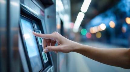 Finger touching digital screen of ticket machine at train station. 