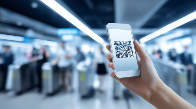 Hand holding smartphone with QR code at subway turnstile, scanning for public transport access.
