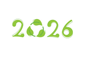 Vector number 2026 in green eco style with recycling symbol made of leaves. The concept of eco innovation and sustainable development.