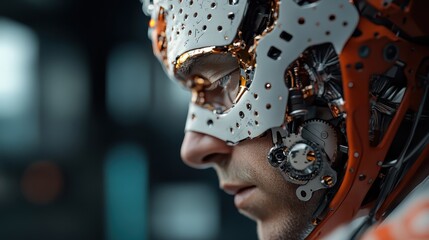 Fototapeta premium A detailed close-up of a futuristic human-like robot's face, showcasing intricate designs and technological elements, emphasizing innovation and the future of AI.