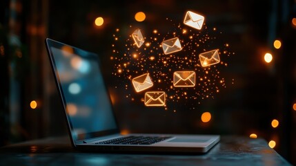 A sleek laptop sits on a table, with glowing mail icons floating above it, representing digital communication and connectivity in a modern workspace.