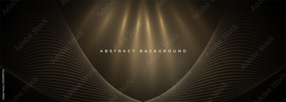 Poster abstract glowing golden wavy lines and rays on black background. vector illustration wide banner des
