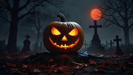 A sinister glowing jack-o'-lantern in a foggy graveyard, surrounded by skeletal hands reaching from the ground, under a blood-red moon.