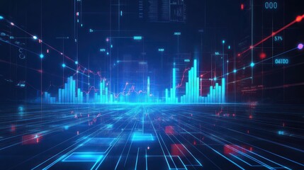 Futuristic digital cityscape with glowing data streams