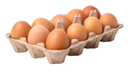 Brown eggs in cardboard carton isolated on transparent background