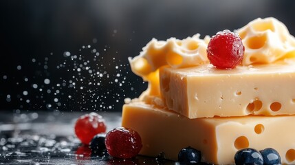 Bright cheese blocks, embellished with fresh berries, create a visually stunning display with water splashes, appealing to food enthusiasts and culinary artistry.