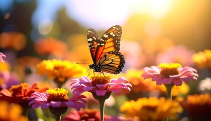 Monarch Butterfly on Flowers Sunset.