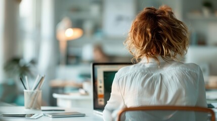 A focused woman is seen from behind as she works on her laptop in a modern, stylish workspace, exemplifying productivity and contemporary work-life balance.