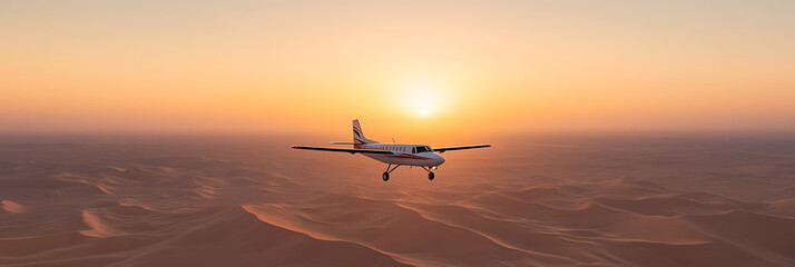 Plane over desert sands during sunset. The aircraft flies with an orange and gold sky behind, a dramatic backdrop.