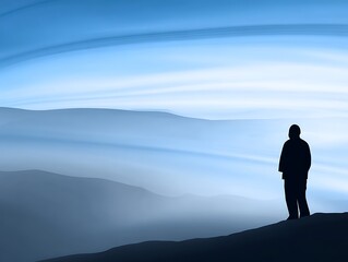 Silhouette figure on misty mountain range