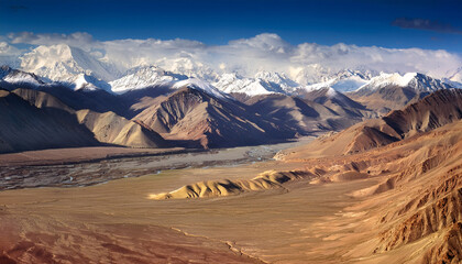 ariel view of snow capped laddakh mountains and dessert