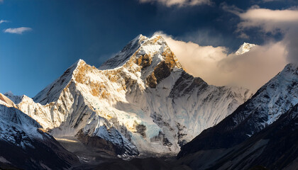 magnificent snow covered peak in the himalayas with dramatic clouds and sunlight