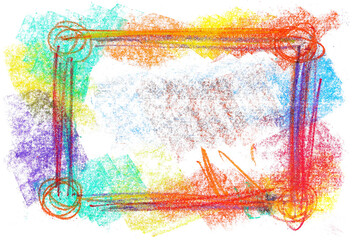 Frame grunge hand drawn colorful scribble chalk, rainbow isolated on white