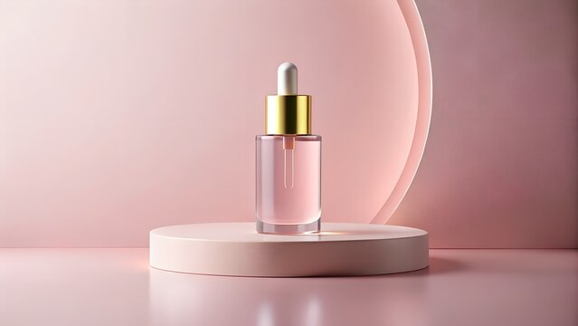 Flatlay of bottle with serum lying down in pink rippling water. Underwater effect. Stylish concept of organic essences, sea health products. Copy space, minimalism, flat lay. Marine cosmetics