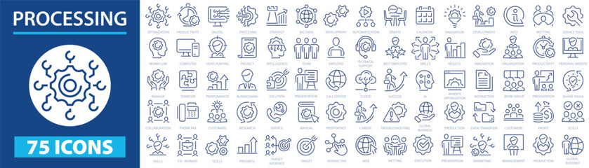 Processing & Optimization & Workflow 72 icon set. Project management icon collection. Time management and planning concept. Vector illustration