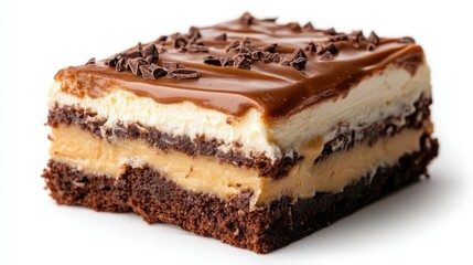 A mouth-watering slice of chocolate layer cake adorned with creamy frosting and chocolate shavings, inviting you to indulge in its delicious, rich flavors and textures.