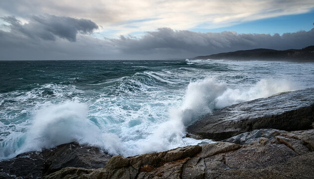 stormy foamy crushing water waves in sea in overcast weather on pubble beach sea storm power of water and weather seascape on stone coast waves washing stones on coastline