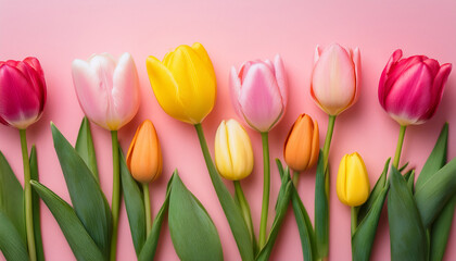 Obraz premium a row of colorful tulips with green leaves arranged on a soft pink background creating a fresh and vibrant springtime feel