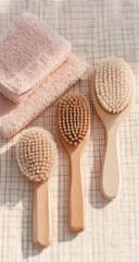 Wooden Bath Brushes and Pink Towels Arranged on White Tiled Surface
