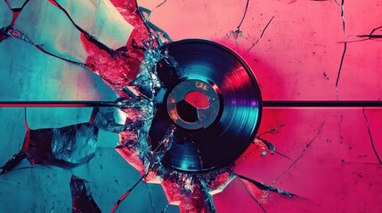 Broken Vinyl Record on Colorful Background with Shattered Pieces