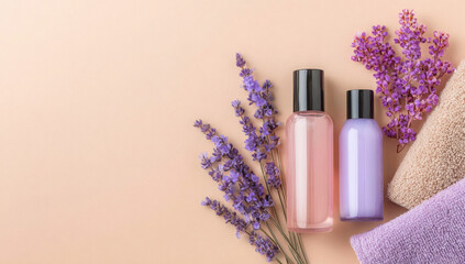 Pastel Pink and Purple Skincare Products Flat Lay with Lavender Sprigs
