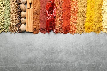 Many different spices on grey table, flat lay. Space for text