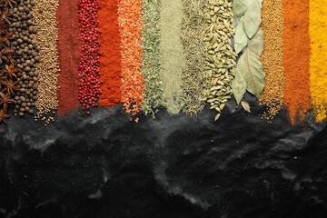 Many different spices on black table, flat lay. Space for text